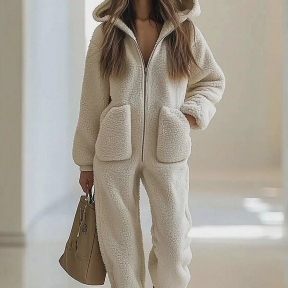 Ivory Casual Women's Long Sleeve Hooded Jumpsuit with Zipper and Pockets - Picture 1 of 3